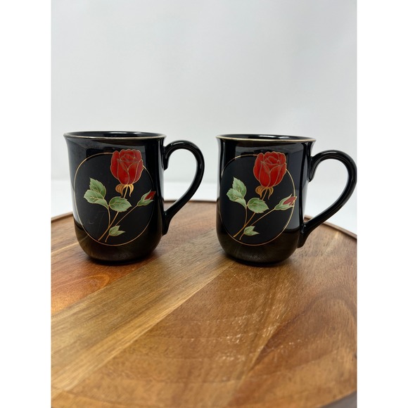 Goryu Rose Other - Goryu Rose Japan Black Mug Set Red Rose Gold Trim Coffee Tea Cup Pair